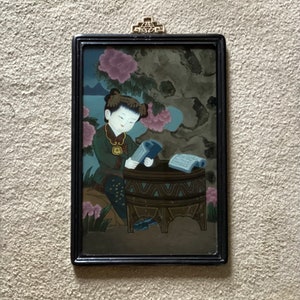 VTG/Antique R.O.C. Chinese Reverse Glass Painting, Girl Reading Book