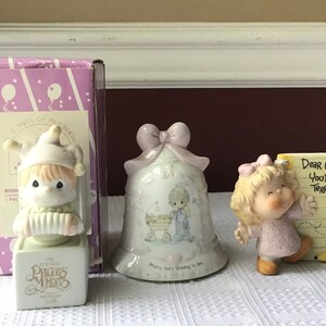 Lot of 3 Enesco Precious Moments Figurines (2) & Christmas Sankyo Musical Bell (“Silent Night”)