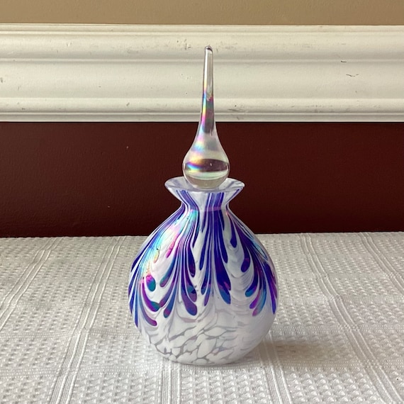 Vintage Blue & White Glass Perfume Bottle, 5 5/8"… - image 1