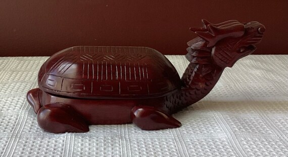VTG Chinese Rosewood Dragon/Turtle Figurine Box With … - Gem