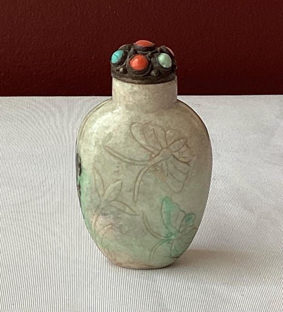 Antique Qing Dynasty Era Chinese Jade Snuff Bottle With Natural