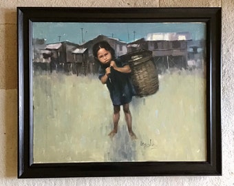 Vintage Original Oil Painting by Victor Loyola (Listed Artist) Of A Girl In Village