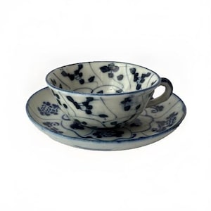 Antique Chinese Blue & White Porcelain Teacup and Saucer, Unmarked