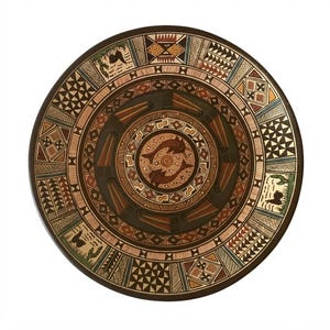 May include: A round ceramic plate featuring a central medallion with two fish in brown and tan. The surface is decorated with concentric rings of geometric patterns, including triangles, cross-hatching, and stylized landscape motifs in earth tones.