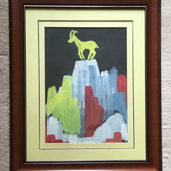 Vintage Original Water Color On Paper by American Artist Adolf Benca, Goat on Mountain