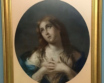 Antique Hand Painted Mary Magdalene Dry Pastel on Paper, 19th Century; in the Style of Titian