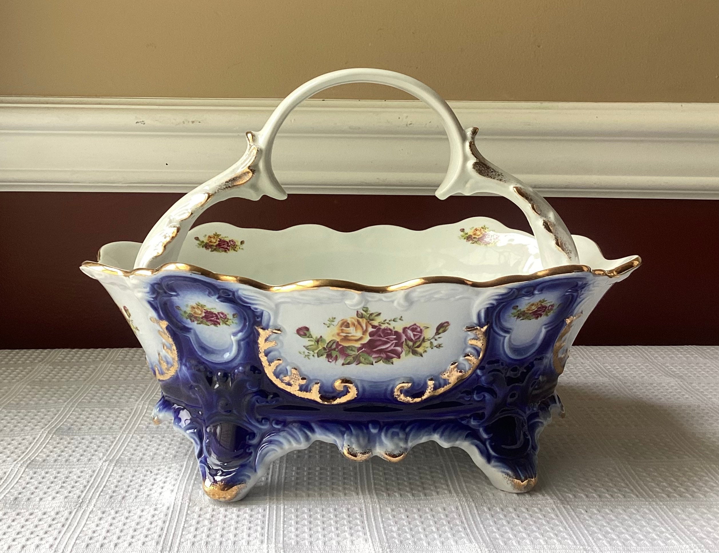 Antique ARPO Fine Porcelain Floral Footed Basket/bowl, Romania