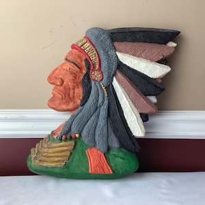 VTG Indian Chief Head Chalkware Wall Decor, Signed, 15&quot; T, Heavy