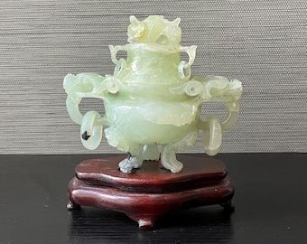 VTG Chinese Light Green Jade Incense Burner with Wooden Base, 5" T x 5 3/4" W