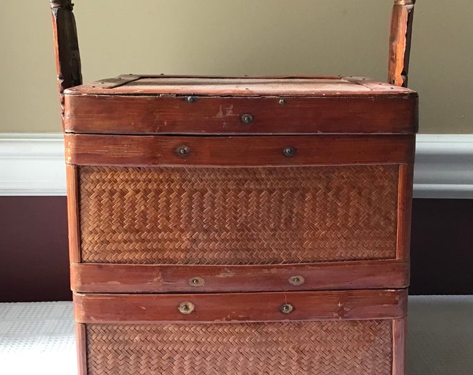 Vintage Chinese Wooden Rice Basket With 3 Compartments & Carvings on