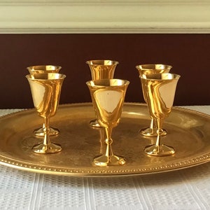 Vintage Set of 6 Gold Tone Flutes & Serving Tray
