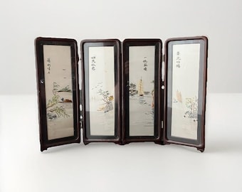 Black Lacquer Folding Screen: Hand-painted Limestone Geisha, Gold