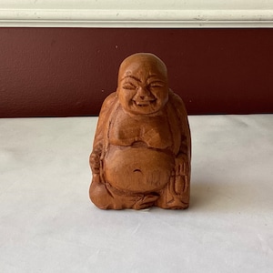 Vintage Happy Buddha Wooden Figurine Made in Thailand, 4 1/8&quot; Tall