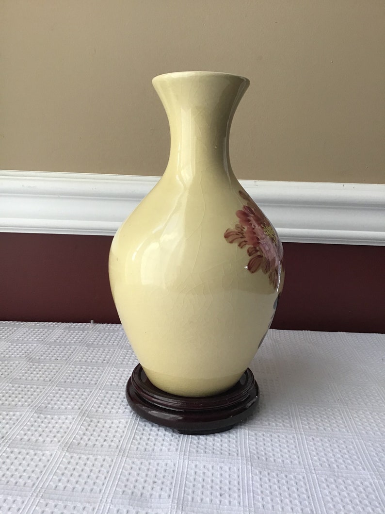 Vintage Chinese Porcelain Vase, Handpainted Under Glaze, 9 5/8” Tall, yellow with flowers image 3