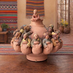Vintage Peruvian Folk Art Clay Vessel w/ Figures, Handmade Sculptural Pot, 5.5”T