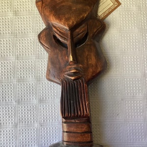 Vintage Carved Wooden African Mask Made in Ghana, Wall Hanger, 16 1/2”
