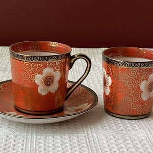 VTG Japanese Small Eggshell Porcelain Cups (2) & Saucer (1), Floral, Hand Painted