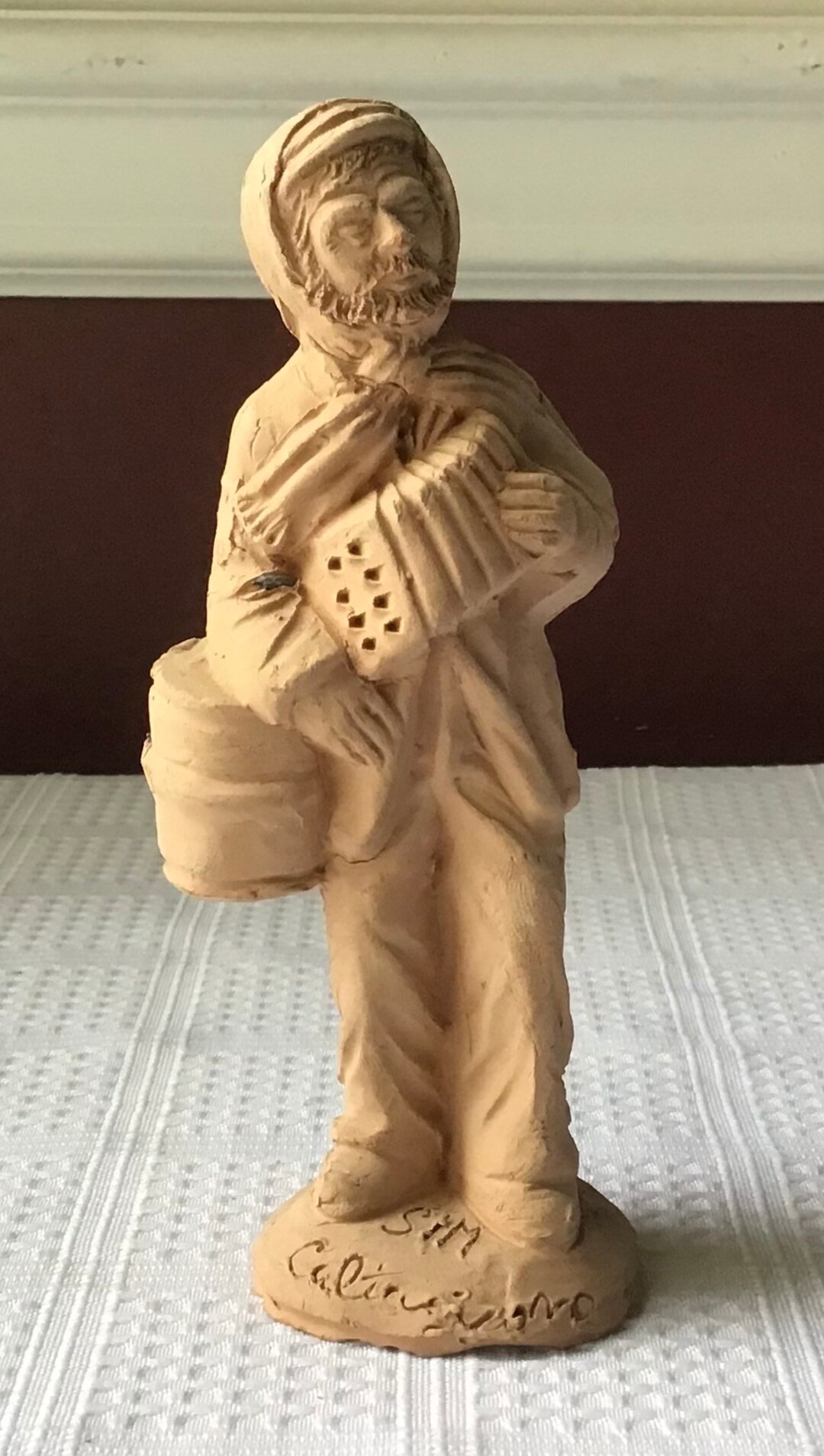 Vintage Signed Clay/ Pottery Statue of a Man Playing an Accordion, 6 T