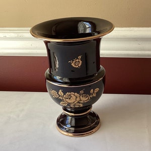 Vintage Black Ceramic Vase With Gold Embellishments, Made In Chile, 8 1/2” Tall