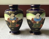 Pair of Vintage Japanese Imari Cobalt Porcelain Figural Vases, 4 1 2 Tall