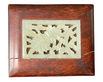 Vintage Chinese Wooden Trinket Box With Carved Jade Decoration, 3.5” x 3” x 2”