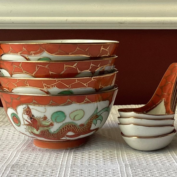 Set of 8-piece VTG P.C.T. Chinese Dragon Porcelain Rice Bowls (4) & Spoons (4)