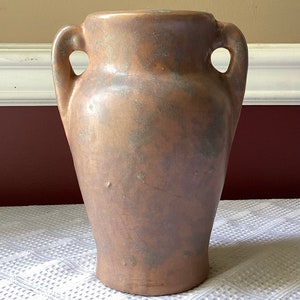 Vintage Brush McCoy Pottery Mottled Blue Rose Tan Arts And Crafts Vase, 8 1/4” T
