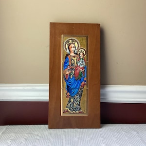 Vintage Russian Orthodox Icon Infant Of Prague Hand Painted Tiles on Wooden Wall Plaque