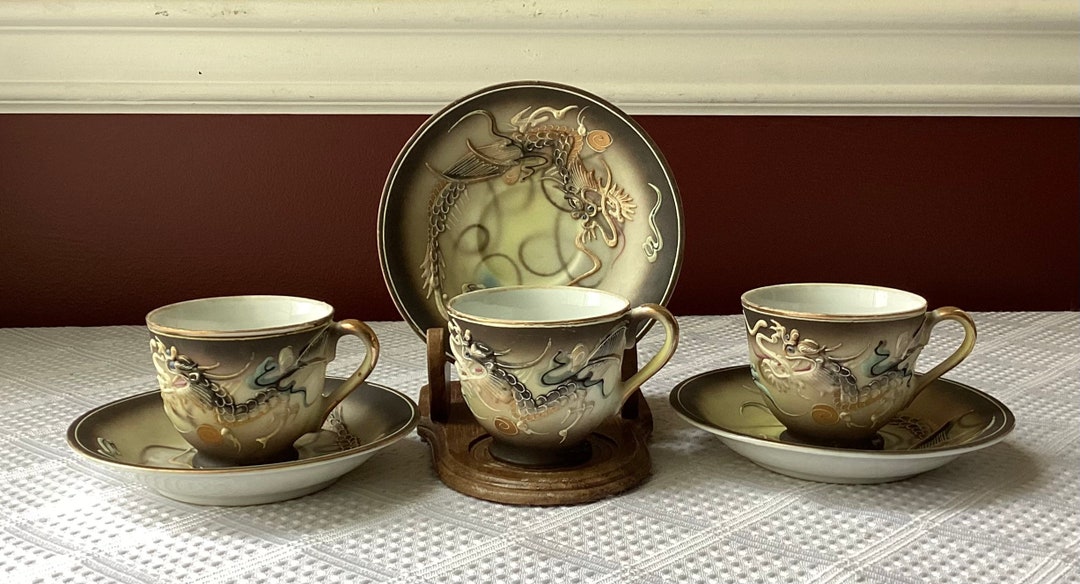 Vintage 6piece Betson Hand Painted Porcelain Dragon Teacups & Saucers