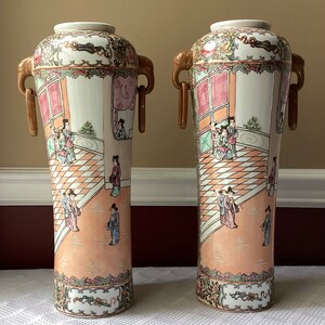 Pair of Antique Chinese Qianlong Famille Rose Porcelain Vases, 17” T