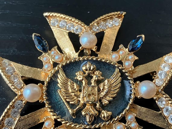 Russian Maltese Cross Brooch – Faux Pearls, Blue Stones & Crystals View 4