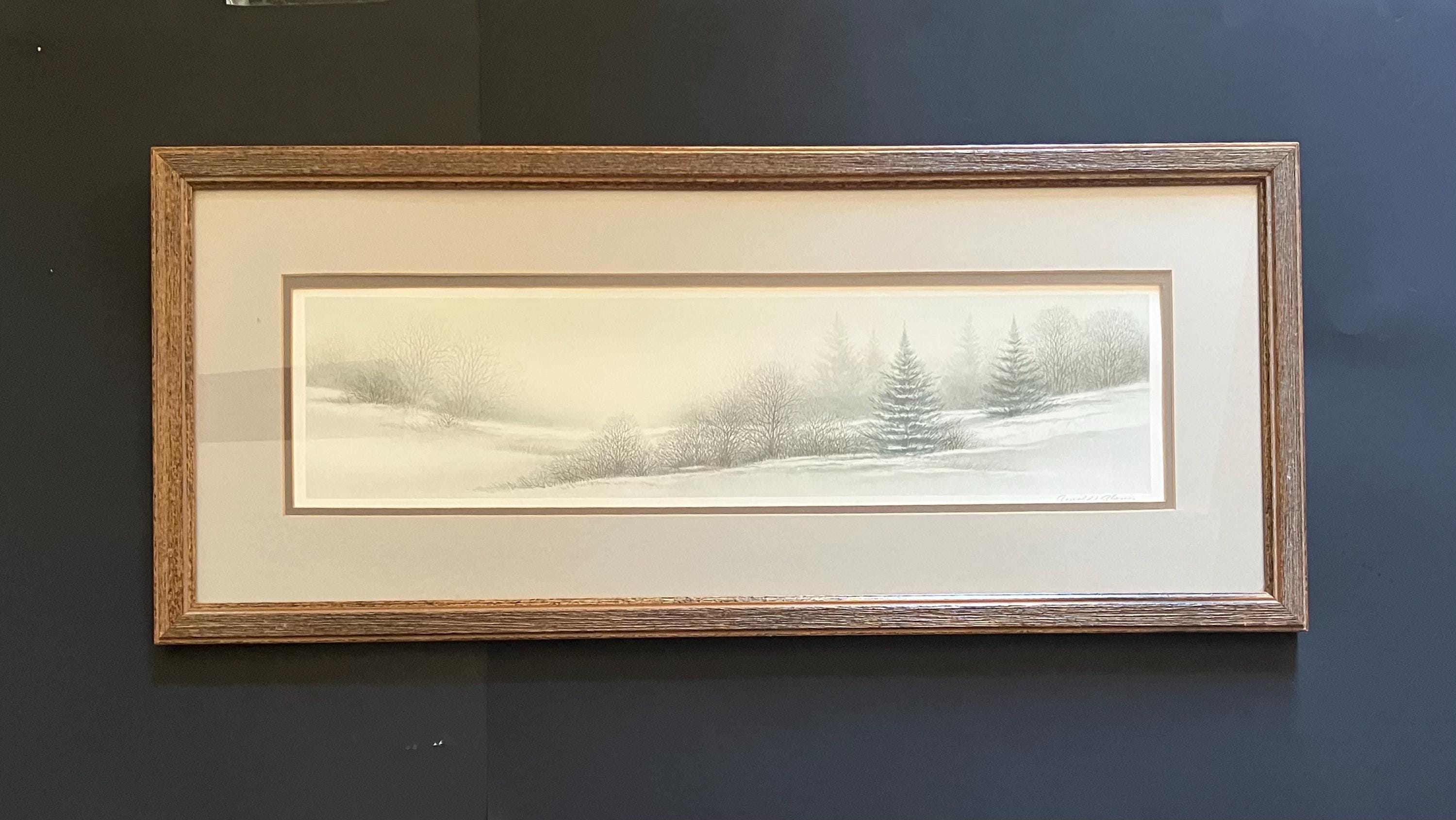 絵画 side VTG Original Lithograph Winter Landscape Art Pencil Signed by