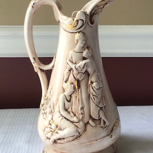 Vintage Porcelain Ewer/ Jug/ Pitcher, 3D Roman Style Imagery, 9.5”, Signed Webb
