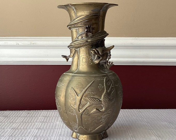 Antique Chinese Brass Vase With 3D Dragondesign, Repaired, 9 5/8 T Etsy