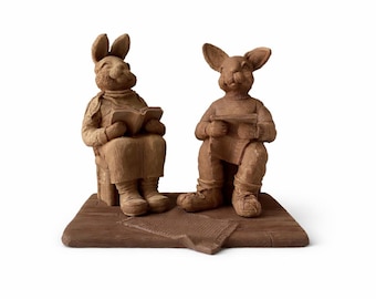 VTG 1994 Pecan Resin Rabbit Figurines with Base, “Nana” & “Papa”, 7 1/8” Tall