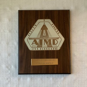 Vintage US Navy Metal Award On Wooden Plaque, Fleet’s Finest USS Forrestal