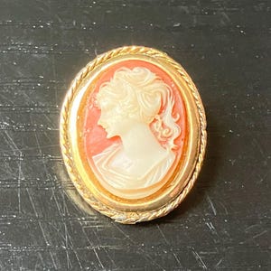 Vintage Cameo Brooch – Coral Resin, Gold Tone Frame