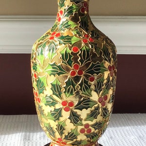 Vintage Chinese Cloisonné Vase with Wooden Base, Holly Berry Pattern, 9” Tall