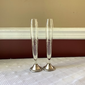 Pair Of Vintage Weighted Sterling Silver Etched Glass Vases, 9 7/8” Tall