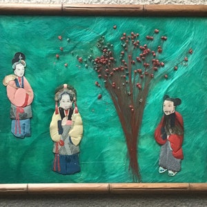 Old Vintage Chinese Mixed Media 3-D Art, 3 People/ Figures & Flowers, Framed