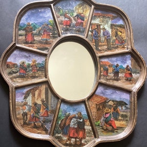 Vintage Peruvian Mirror With Reverse Paintings, 14” x 12”
