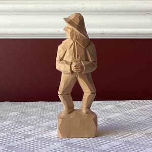J L Daigle Fait à la Main (Hand Made) Wooden Figurine, Fisherman, Quebec, Signed