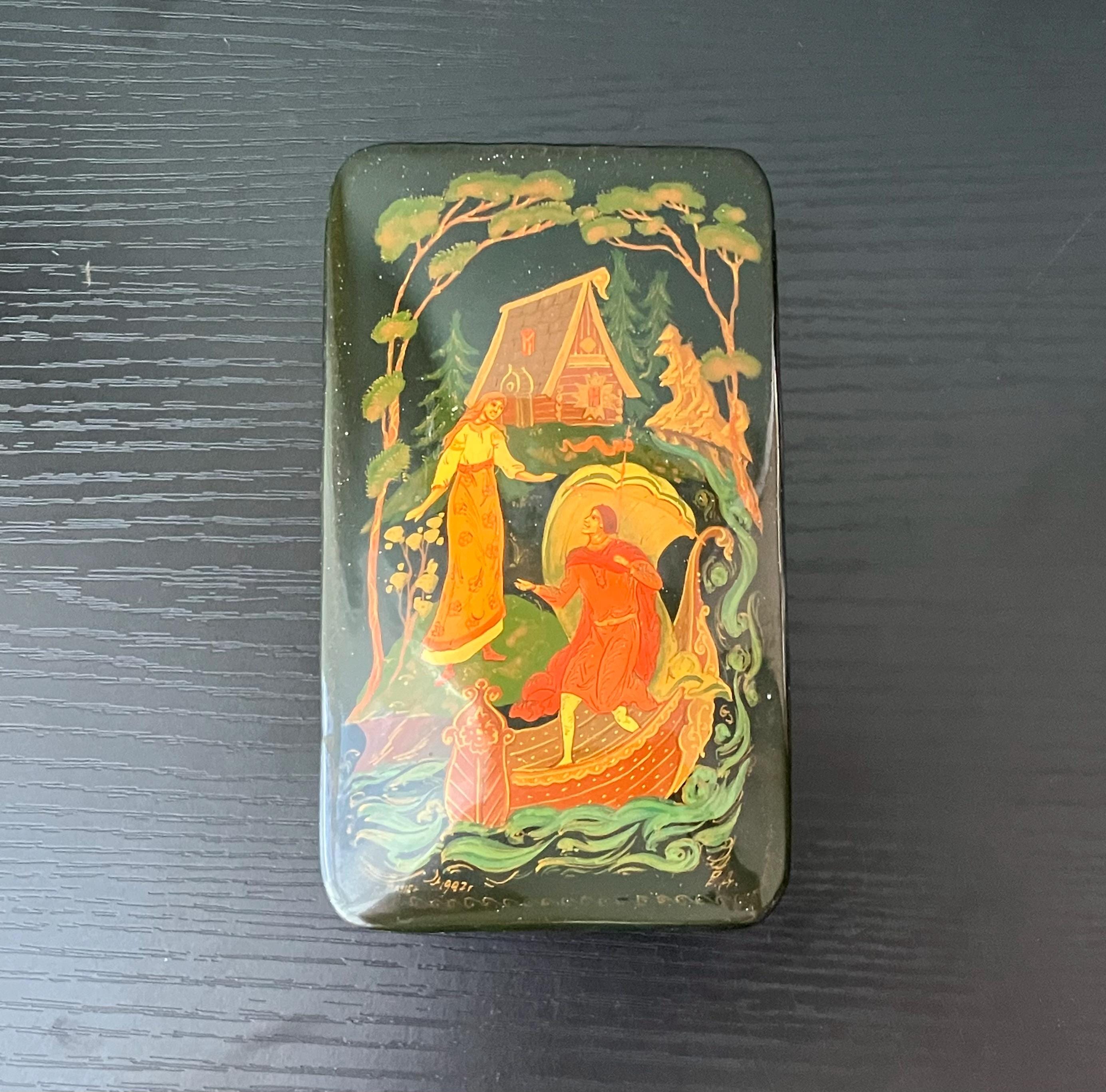 VTG Russian Signed Hand Painted Folk Art Fairy Tale Lacquer Box