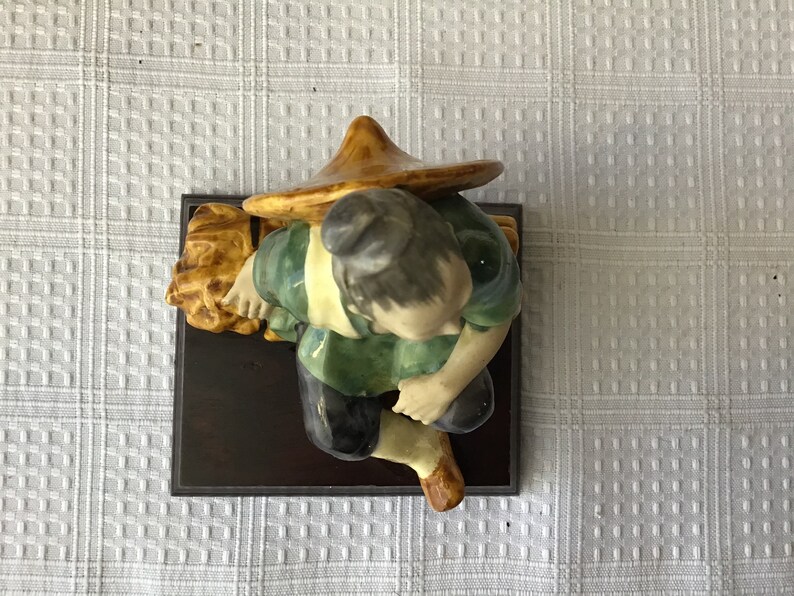 Vintage Chinese Ceramic Figurine On A Wooden Base