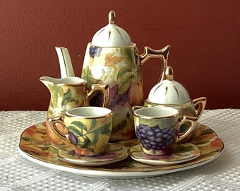 Vintage 10-piece Chinese Miniature Porcelain Tea Set, Fruit Design