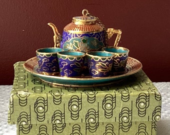 Delightful Vintage Chinese 6-piece Cloisonné Children’s Miniature Tea Set In Box