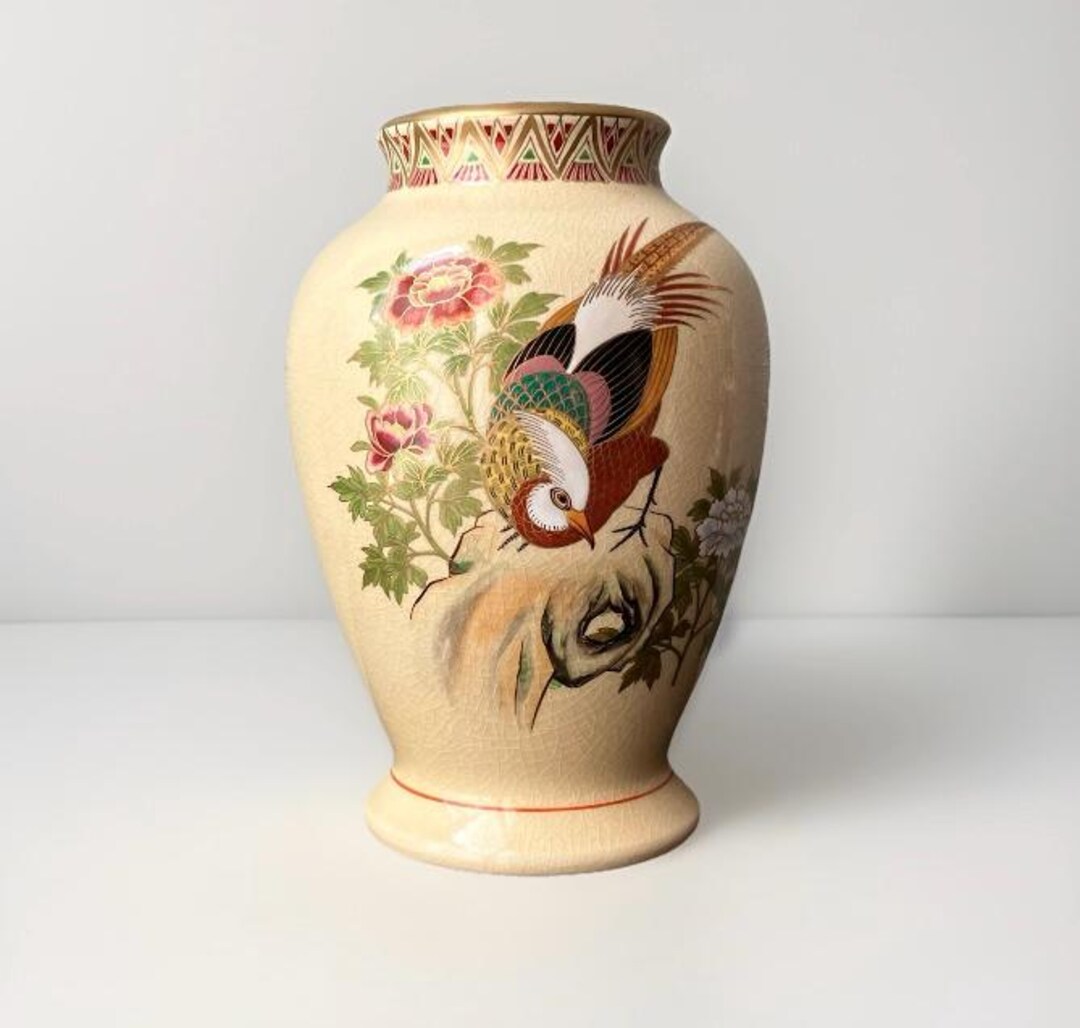 VTG Japanese Satsuma Porcelain Ikebana Flower Vase With Pheasant