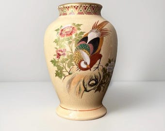 VTG Japanese Satsuma Porcelain Ikebana Flower Vase With Pheasant Design, 8.75" T