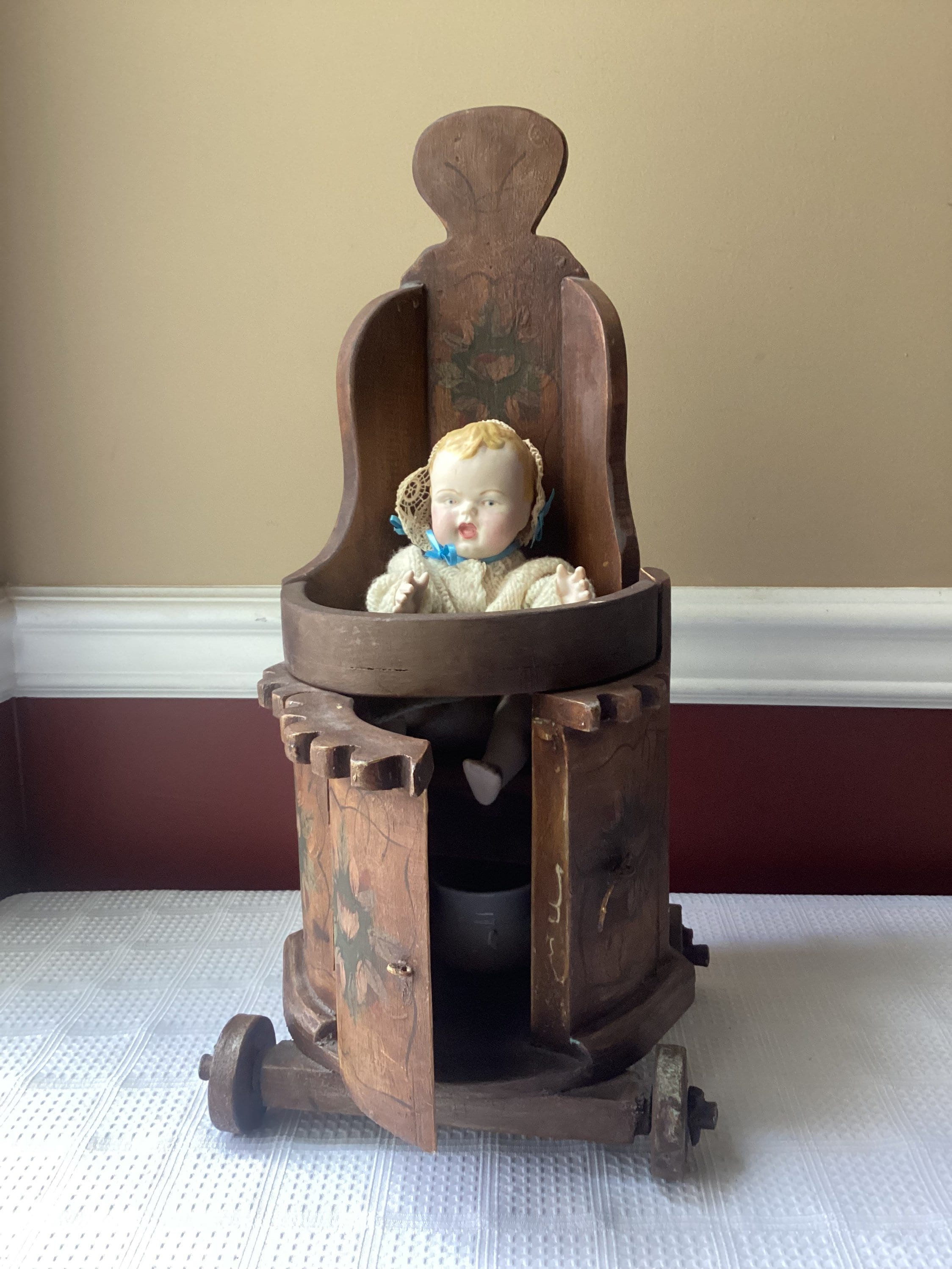 Antique Handmade Wooden Doll Potty Chair Highchair with Antique…