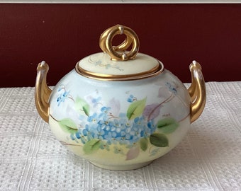Antique W A Pickard Hand Painted China Sugar Bowl, Blue Flower-design